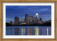 Buildings at the waterfront lit up at dusk, Town Lake, Austin, Texas, USA Fine Art Print