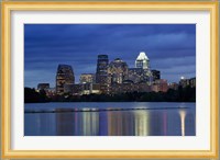 Buildings at the waterfront lit up at dusk, Town Lake, Austin, Texas, USA Fine Art Print