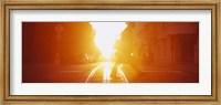 Side profile of a person crossing the cable car tracks at sunset, San Francisco, California, USA Fine Art Print