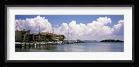 Boats docked in a bay, Cabbage Key, Sunshine Skyway Bridge in Distance, Tampa Bay, Florida, USA Fine Art Print