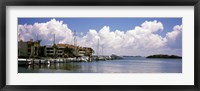 Boats docked in a bay, Cabbage Key, Sunshine Skyway Bridge in Distance, Tampa Bay, Florida, USA Fine Art Print