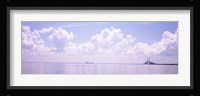 Sea with a container ship and a suspension bridge in distant, Sunshine Skyway Bridge, Tampa Bay, Gulf of Mexico, Florida, USA Fine Art Print