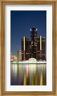 Skyscrapers lit up at dusk, Renaissance Center, Detroit River, Detroit, Michigan, USA Fine Art Print
