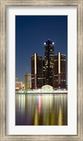 Skyscrapers lit up at dusk, Renaissance Center, Detroit River, Detroit, Michigan, USA Fine Art Print