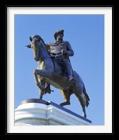 Statue of Sam Houston pointing towards San Jacinto battlefield against blue sky, Hermann Park, Houston, Texas, USA Fine Art Print