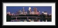 Buildings lit up at night in a city, Minneapolis, Mississippi River, Hennepin County, Minnesota, USA Fine Art Print