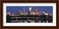 Buildings lit up at night in a city, Minneapolis, Mississippi River, Hennepin County, Minnesota, USA Fine Art Print