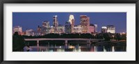 Buildings lit up at night in a city, Minneapolis, Mississippi River, Hennepin County, Minnesota, USA Fine Art Print
