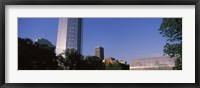 Low angle view of the Devon Tower and Crystal Bridge Tropical Conservatory, Oklahoma City, Oklahoma, USA Fine Art Print