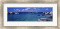 Rocks at the coast with boats in the background, The Baths, Virgin Gorda, British Virgin Islands Fine Art Print