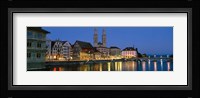 Buildings at the waterfront, Grossmunster Cathedral, Zurich, Switzerland Fine Art Print
