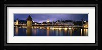 Buildings lit up at dusk, Chapel Bridge, Reuss River, Lucerne, Switzerland Fine Art Print