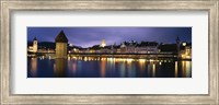 Buildings lit up at dusk, Chapel Bridge, Reuss River, Lucerne, Switzerland Fine Art Print