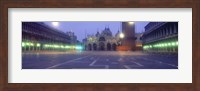 Street lights lit up in front of a cathedral at sunrise, St. Mark's Cathedral, St. Mark's Square, Venice, Veneto, Italy Fine Art Print