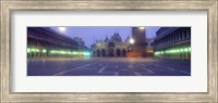 Street lights lit up in front of a cathedral at sunrise, St. Mark's Cathedral, St. Mark's Square, Venice, Veneto, Italy Fine Art Print