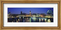 Buildings lit up at dusk, Big Ben, Houses Of Parliament, Thames River, London, England Fine Art Print