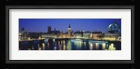 Buildings lit up at dusk, Big Ben, Houses Of Parliament, Thames River, London, England Fine Art Print