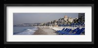Empty lounge chairs on the beach, Nice, French Riviera, France Fine Art Print