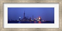 Buildings at the waterfront lit up at dusk, Pudong, Shanghai, China Fine Art Print