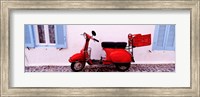 Motor scooter parked in front of a building, Santorini, Cyclades Islands, Greece Fine Art Print