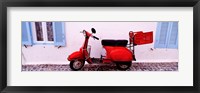 Motor scooter parked in front of a building, Santorini, Cyclades Islands, Greece Fine Art Print