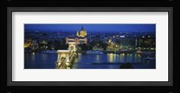 High angle view of a suspension bridge lit up at dusk, Chain Bridge, Danube River, Budapest, Hungary Fine Art Print