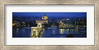 High angle view of a suspension bridge lit up at dusk, Chain Bridge, Danube River, Budapest, Hungary Fine Art Print