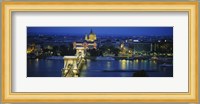 High angle view of a suspension bridge lit up at dusk, Chain Bridge, Danube River, Budapest, Hungary Fine Art Print