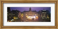 High angle view of a town square lit up at dusk, Dam Square, Amsterdam, Netherlands Fine Art Print