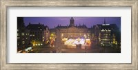 High angle view of a town square lit up at dusk, Dam Square, Amsterdam, Netherlands Fine Art Print