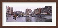 Tour boats docked at a harbor, Leie River, Graslei, Ghent, Belgium Fine Art Print