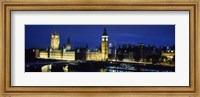 Buildings lit up at dusk, Westminster Bridge, Big Ben, Houses Of Parliament, Westminster, London, England Fine Art Print