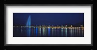 Buildings lit up at night, Jet D'eau, Lake Geneva, Lausanne, Switzerland Fine Art Print
