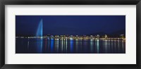 Buildings lit up at night, Jet D'eau, Lake Geneva, Lausanne, Switzerland Fine Art Print