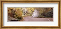 Road curving around a big boulder, Stowe, Lamoille County, Vermont, USA Fine Art Print