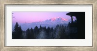 Trees with snow covered mountains at sunset in winter, Combloux, Mont Blanc Massif, Haute-Savoie, Rhone-Alpes, France Fine Art Print