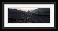 Buddhist temple with mountain range in the background, Kayasan Mountains, Haeinsa Temple, Gyeongsang Province, South Korea Fine Art Print
