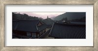 Buddhist temple with mountain range in the background, Kayasan Mountains, Haeinsa Temple, Gyeongsang Province, South Korea Fine Art Print