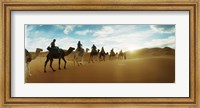 Tourists riding camels through the Sahara Desert landscape led by a Berber man, Morocco Fine Art Print