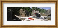 Nudist corner written on a rock on the beach, Mahe Island, Seychelles Fine Art Print