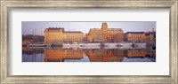 Ferries and Sailboats moored at a harbor, Nybroviken, SAS Radisson Hotel, Stockholm, Sweden Fine Art Print