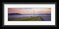 Country road and telephone lines splitting farmlands at dawn, Finland Fine Art Print