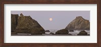 Sea stacks and setting moon at dawn, Bandon Beach, Oregon, USA Fine Art Print