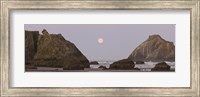 Sea stacks and setting moon at dawn, Bandon Beach, Oregon, USA Fine Art Print