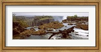 Log on the rocks at the top of the Victoria Falls with Victoria Falls Bridge in the background, Zimbabwe Fine Art Print