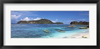 Small fishing boats on Anse L'Islette with Therese Island in background, Seychelles Fine Art Print