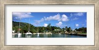 Yachts and small fishing boats at the harbor on La Digue Island, Seychelles Fine Art Print