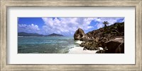 Rock formations on the beach on Anse Source d'Argent beach with Praslin Island in the background, La Digue Island, Seychelles Fine Art Print