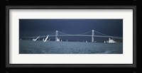 Storm approaches sailboats racing past Rose Island lighthouse and Newport Bridge in Narragansett Bay, Newport, Rhode Island USA Fine Art Print