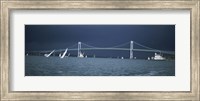 Storm approaches sailboats racing past Rose Island lighthouse and Newport Bridge in Narragansett Bay, Newport, Rhode Island USA Fine Art Print